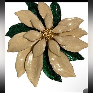 Vintage Poinsettia Brooch Cream Enamel Petals Green Leaves Gold Tone Rhinestones